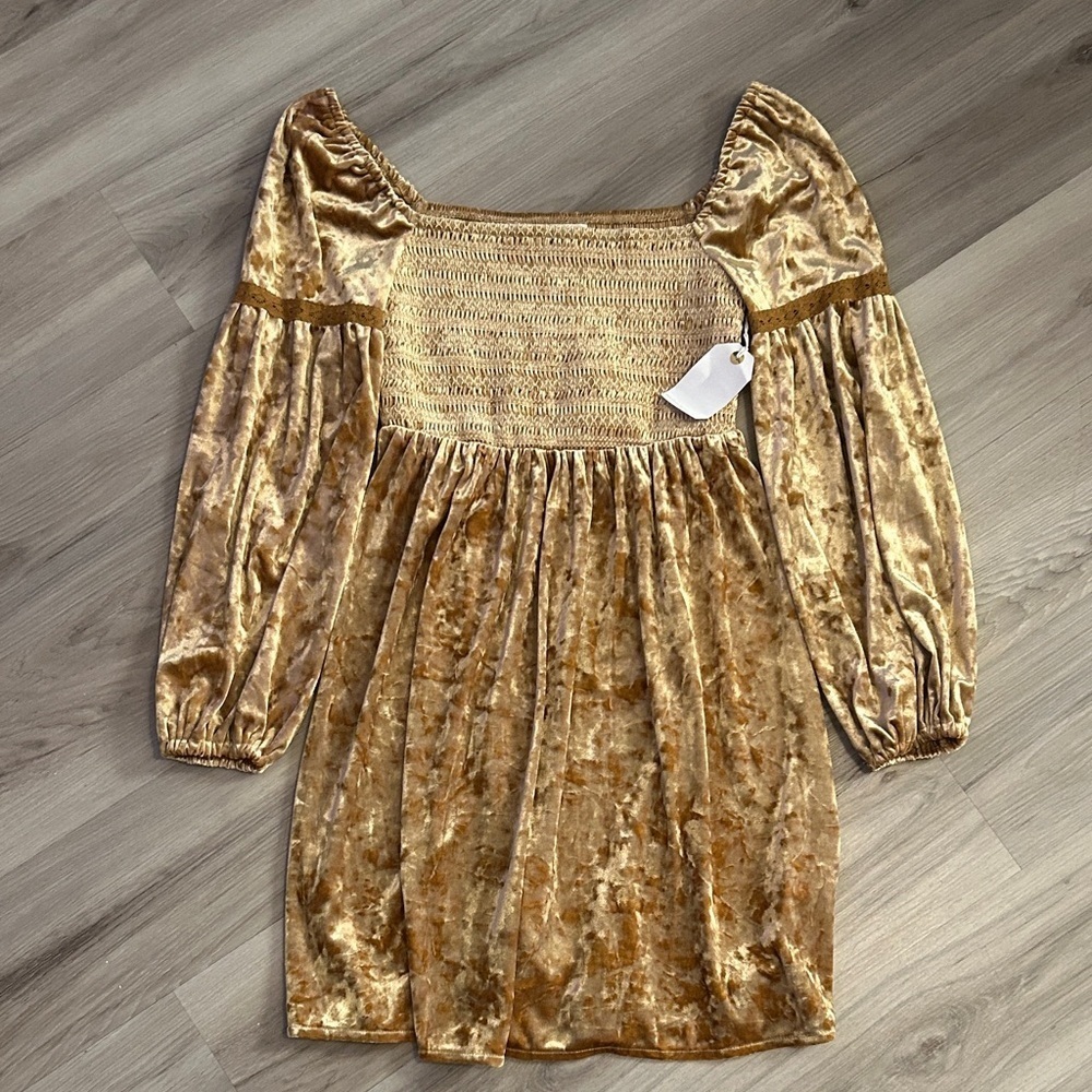 Luxurious Gold velour Long Sleeve Dress - Picture 2 of 5
